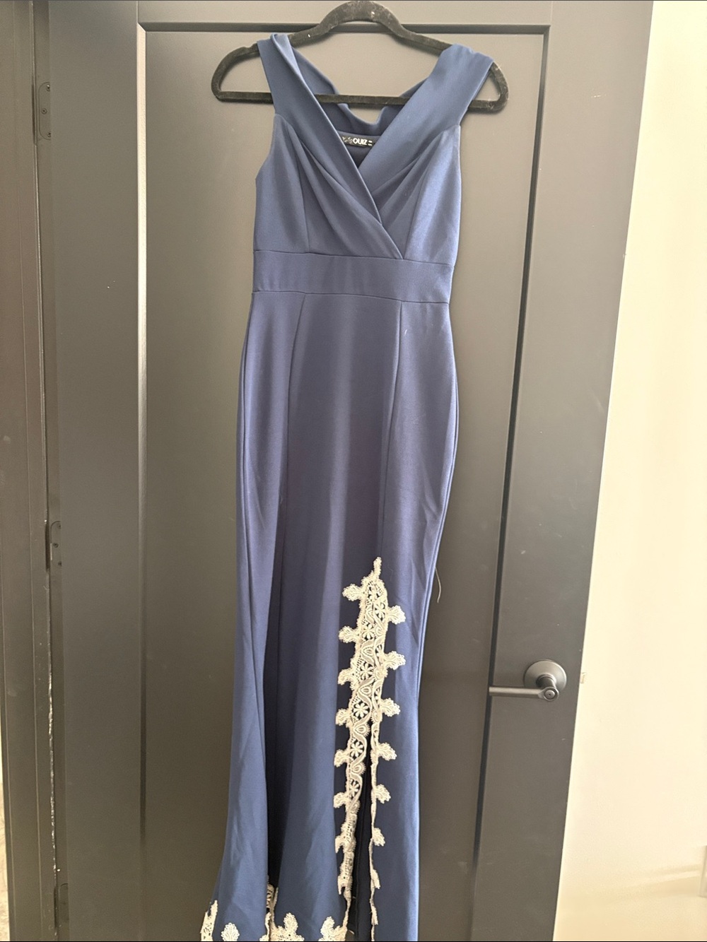 Sleeveless Navy Maxi Dress with Ivory Lace Applique